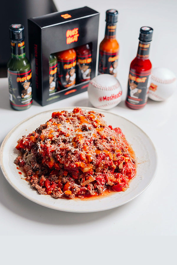 Mo's Heat sauces with spaghetti bolognese